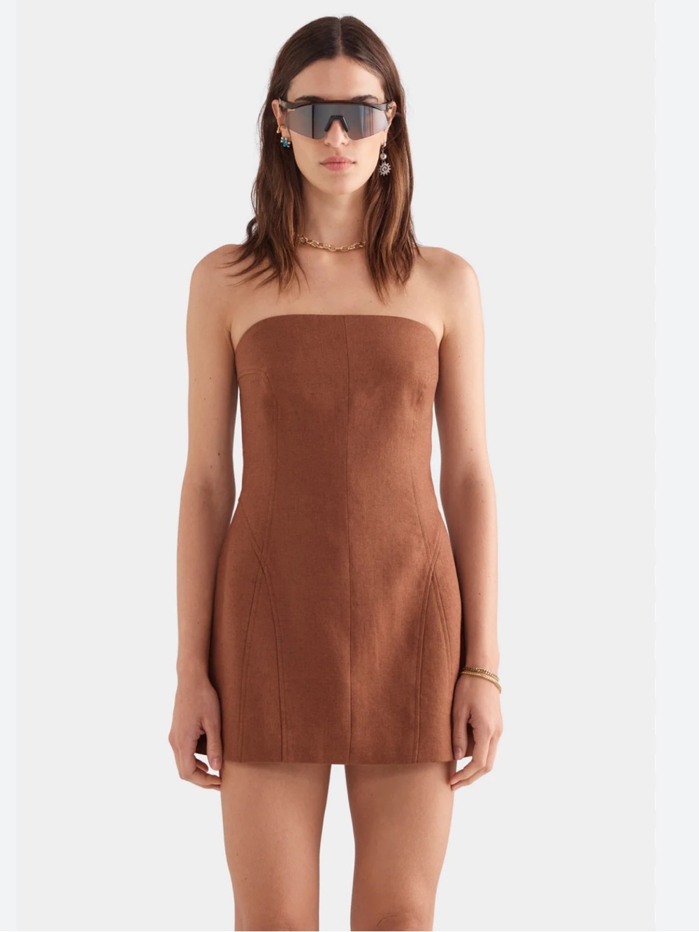 VENROY Strapless Linen Mini Dress in Chocolate